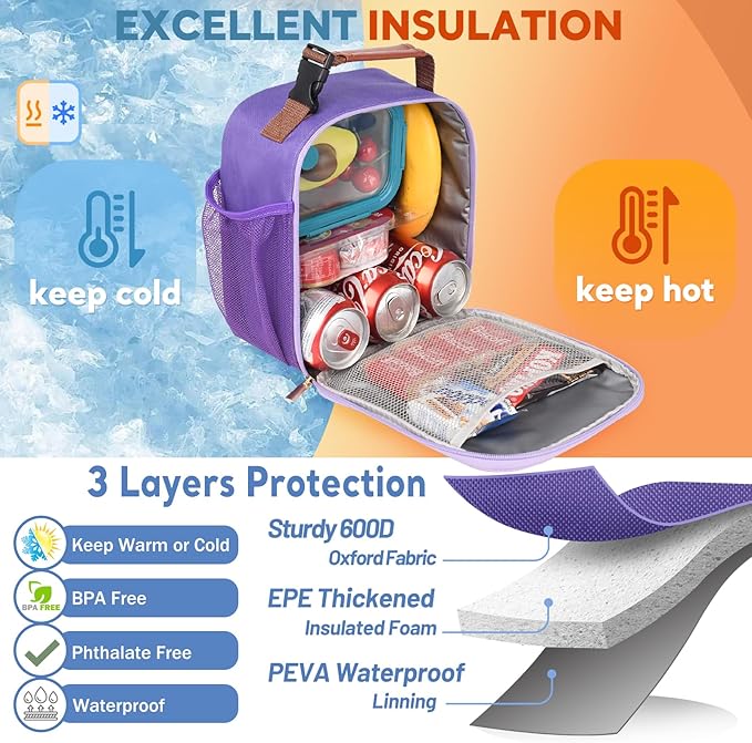 Genteen Lunch Bag for Women Men Girls Teens Insulated Leakproof LunchBox for Adult Reusable Lunch Box with Bottle Holder for Work Office School Travel Picnic-Purple/Gray