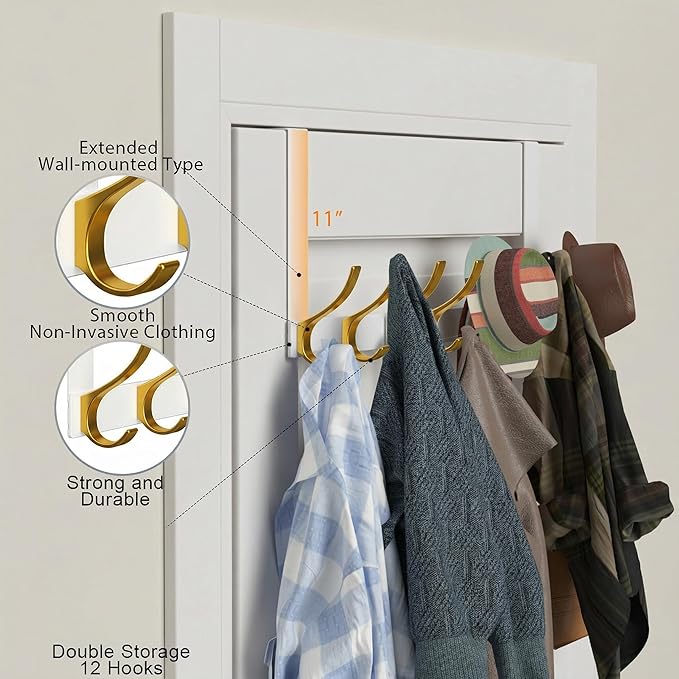 2 Pack 11" Over The Door Hooks for Hanging, Heavy Duty Door Towel Rack with Custom Gold Hooks, Anti-Scratch 4 Pads, 12 Dual-Layer Hooks for Bathroom Bedroom Kitchen, White Gold