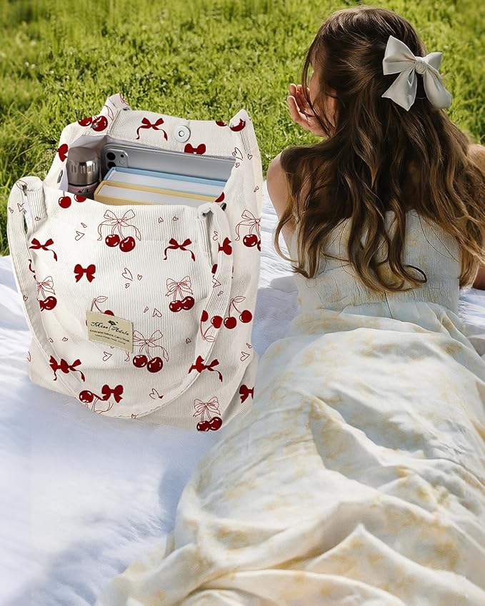 Miss Adola Corduroy Tote Bag for Women - Reusable Totes with Magnetic Buckle & Pocket Aesthetic Design Work Grocery Bags
