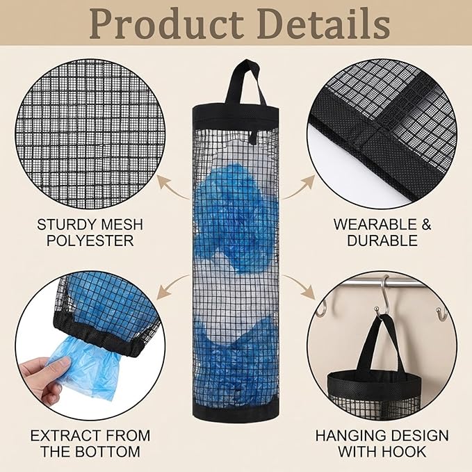 Thinp 3 Pcs Plastic Bag Holder, Grocery Bag Organizer Hanging Storage Dispensers Mesh Bags Dispenser Organizer Breathable Shopping Bags Storage for Home Kitchen Pantry (Black)