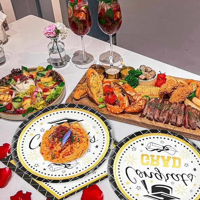 50PCS Graduation Plates Party Supplies, 7INCH Black and Gold Paper Plates and Napkins 2026 Graduations Party Decorations Disposable Tableware for College High School Congrats Grad Party Supplies