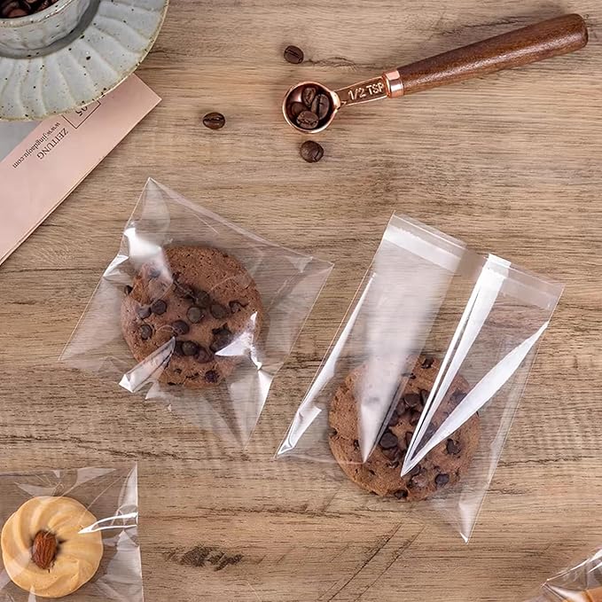 SUREHOME Cookie Bags with Seal 100 Pcs 4 x 4 In Clear Self Sealing Cellophane Bags for Cookie Packaging Small Treat Bag Self Adhesive Individual Cookie Wrappers Gift Giving Candy Baked Goods Sleeves