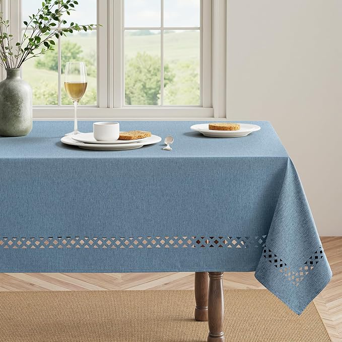 MIULEE Dusty Blue Rectangle Linen Polyester Tablecloth with Decorative Cutouts Waterproof Stain Resistant & Shrink-Proof Table Cloth 60x84 inch Farmhouse Style for Dining Wedding Party