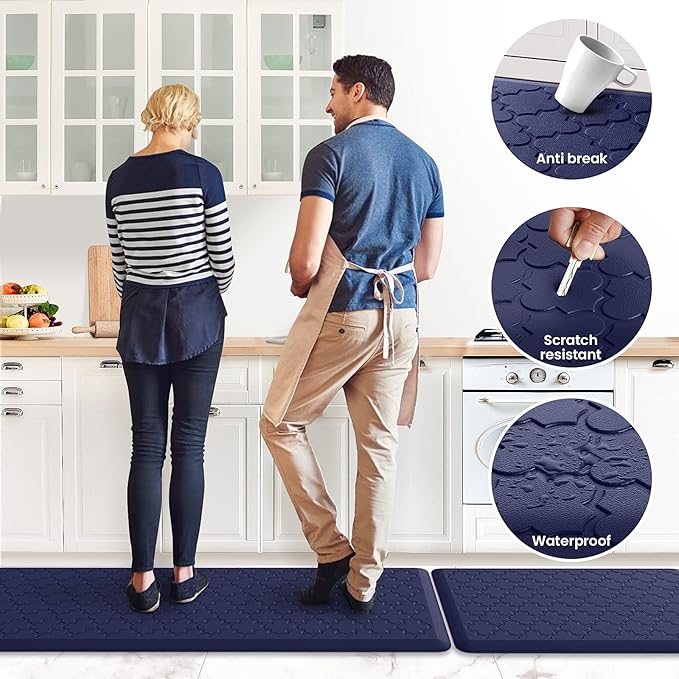 Kitchen Mat [2 PCS] Cushioned Anti-Fatigue Floor Mat Water Resistant Non-Skid Kitchen Mats and Rugs Ergonomic Comfort Foam Kitchen Rugs Standing Mat for Kitchen Floor Office Sink Laundry(Blue)