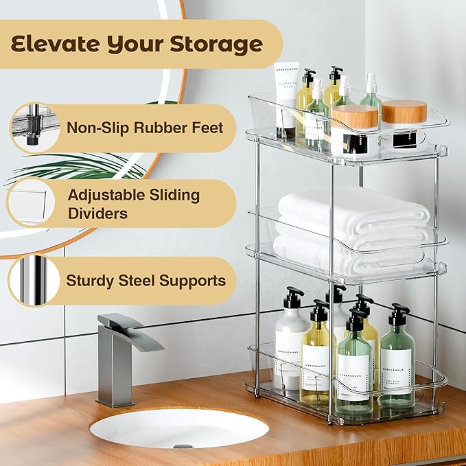 incostar 3 Tier Under Sink Organizer, Pull-Out Storage Organizer with Dividers, Ideal for Organizing Cupboard,Bathroom Vanities,Cabinet, Slide-Out Clear Storage (2 Pack 3 Tier)