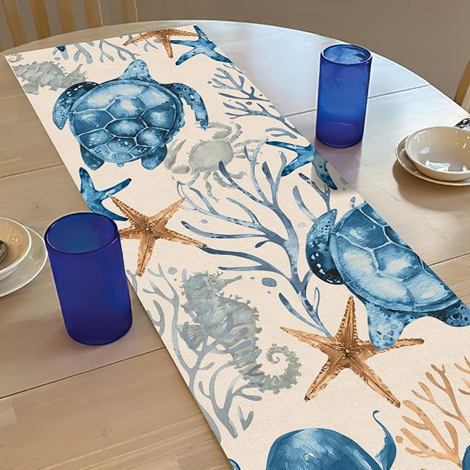 Seliem Summer Octopus Turtle Starfish Coral Coastal Table Runner, Under The Sea Home Kitchen Dining Teal Marine Life Decor, Ocean Creature Nautical Beach Decorations Indoor Outdoor Party Supply 13x60