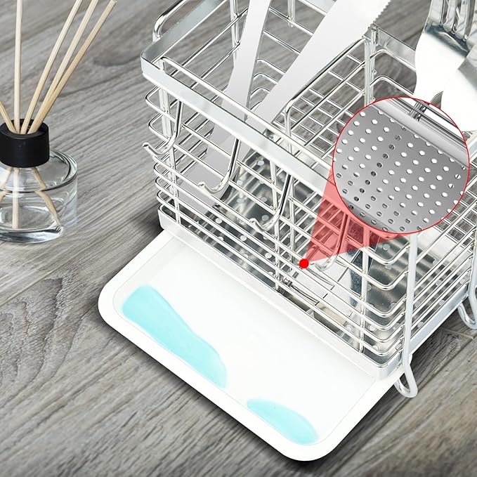 Utensil Holder, Stainless Steel Utensil Drying Rack with Drain Tray, Kitchen Counter Drainer Basket Silverware Cutlery Flatware Holder Forks, Knives, Spoons, Chopsticks Organizer (Silver)