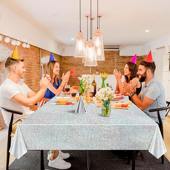 Just Shimmer Sparkling Holographic Laser Tablecloth - Shimmering, Waterproof, Easy to Clean - Ideal for Bachelorette, Birthday, Wedding, and Anniversary Party Decorations (Light Blue & Silver, 2)