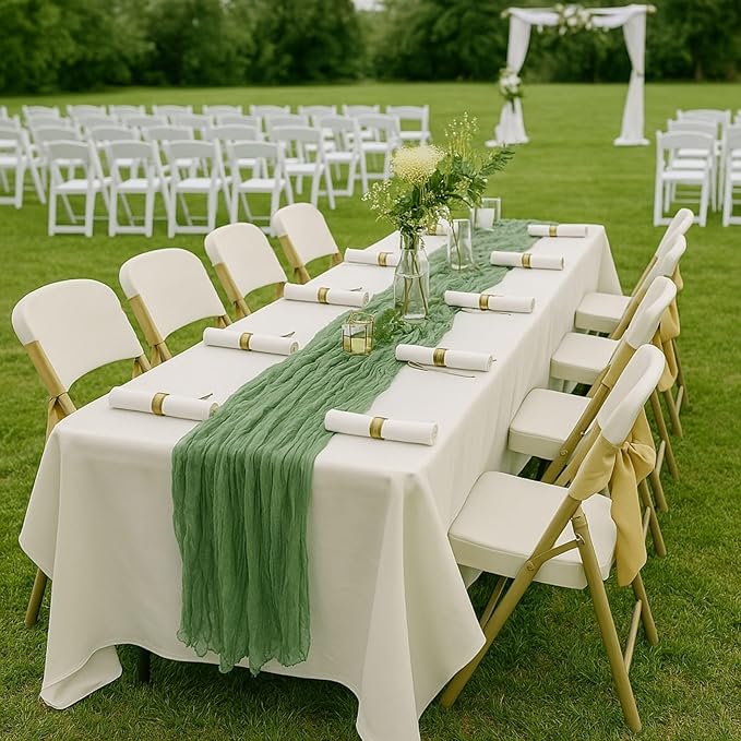 3 Pack Sage Green 10FT Cheesecloth Table Runners –120 Inch Rustic Gauze Bulk Set for Wedding Reception, Woodland Baby Shower, Garden Party, or Boho Spring Event Decor