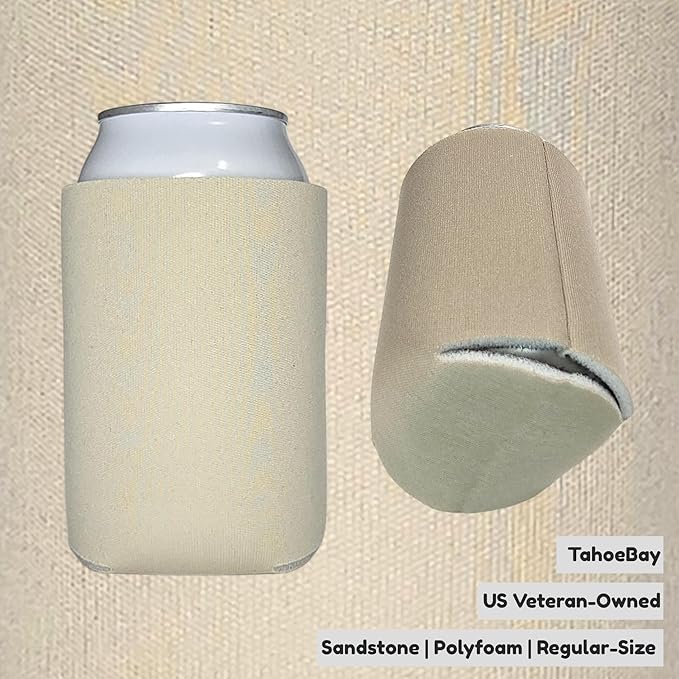 TahoeBay Bulk Blank Beer Can Cooler Sleeves (50-Pack) Sublimation Blanks for Vinyl Plain Soft Foam Can Sleeves Coolers for Soda Cans & Bottles Black, White, Assorted Solid Color (Sandstone)