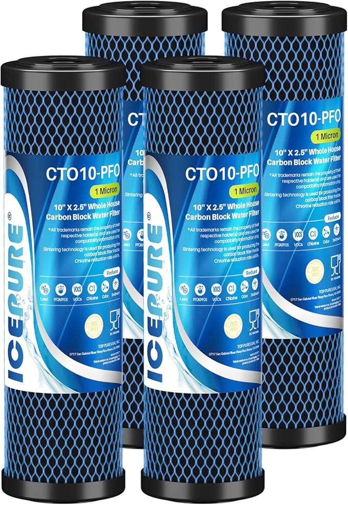 ICEPURE 1 Micron 10" x 2.5" Whole House PFOA/PFOS Carbon Water Filter Cartridge Replacement for DuPont WFPFC8002, WFPFC9001, SCWH-5, WHCF-WHWC, FXWTC, CBC-10, RO Unit, Pack of 4