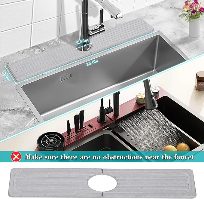 Stone Faucet Mat for Kitchen Sink, 23.6" Diatomite Drying Stone Kitchen Sink Mat Super Absorbent, Kitchen Sink Splash Guard, Sink Stone Quick Dry Around Faucet for Kitchen Bathroom Counter