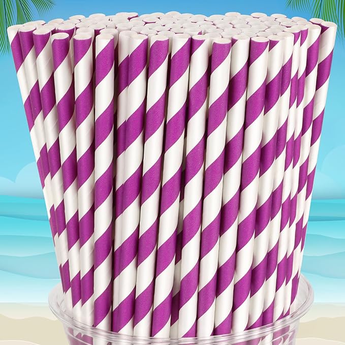 100 Packs Purple Biodegradable Striped Paper Straws, Disposable Drinking Straws for Birthday Carnival Summer Pool Party Wedding Baby Shower Halloween Christmas Party Decoration Supplies