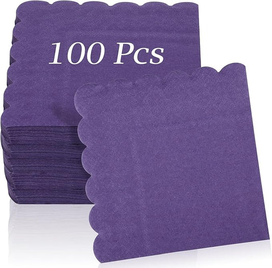 100 Pcs Cocktail Napkins, 2-Ply 5 x 5 Inches Disposable Scalloped Napkins, Thick Premium Dessert Napkins for Party, Wedding, Dinner, Birthday, Anniversary, Festival (Purple)