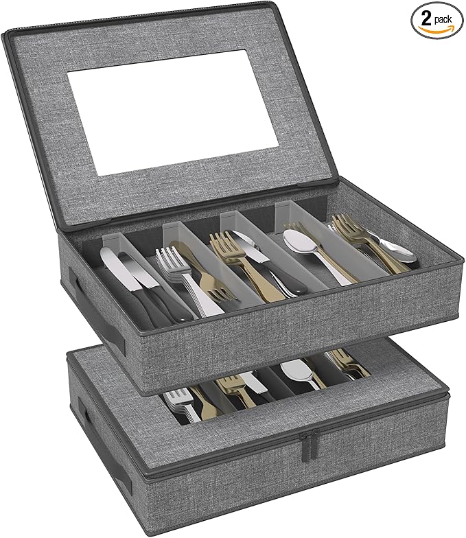 Aokeyee 2-Pack Silverware Storage Box, Sturdy Flatware Organizer with 5 Compartments & Adjustable Dividers, Upgrade Utensil Case with Clear Lid & Handle for Knives, Forks & Spoons, Gray