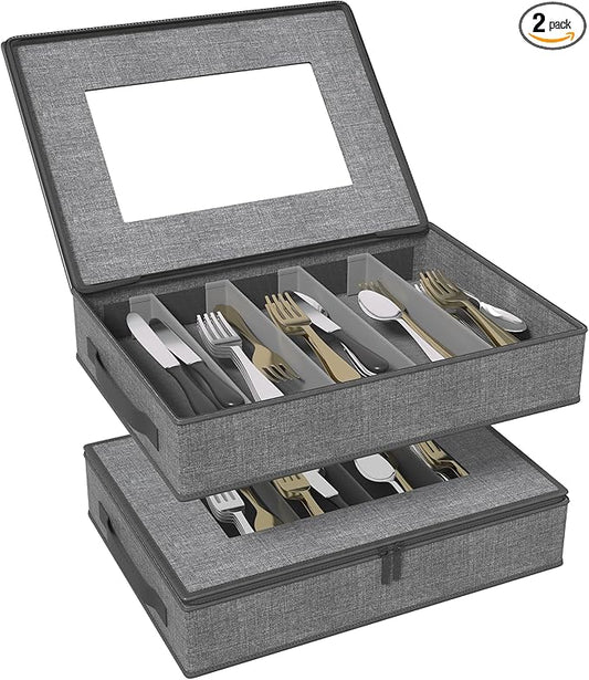 Aokeyee 2-Pack Silverware Storage Box, Sturdy Flatware Organizer with 5 Compartments & Adjustable Dividers, Upgrade Utensil Case with Clear Lid & Handle for Knives, Forks & Spoons, Gray