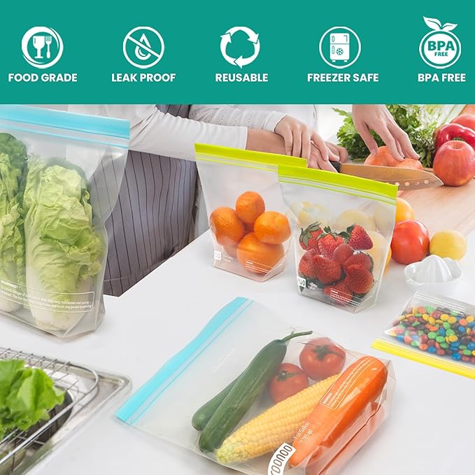 12 Pack Reusable Gallon Freezer Bags, Dishwasher Safe BPA Free Food Storage Bags, Extra Thick Leakproof Plastic Ziplock Bags for Meal Prep Fruits Sandwich Snack