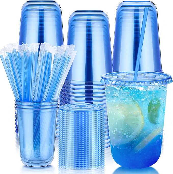 tchrules 100 Set 16oz Plastic Cups with Lids and Straws, Disposable Blue Clear Iced Coffee Cup with Lid, Round Bottom Plastic To Go Cups for Cold Drinks Slushie Smoothie Soda Bar Party Shop Supplies