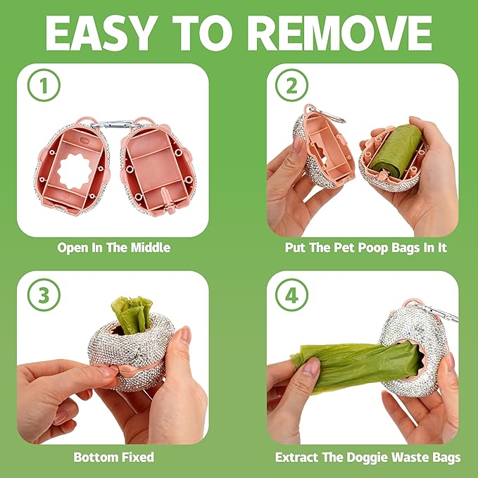 Diamond Rhinestone Dog Poop Bag Holder for Leashes Leak Proof Trash Bag Dispenser with Carabiner Includes 15 Scented Waste Bags Portable Pet Walking Accessories for Dogs Cats Litter
