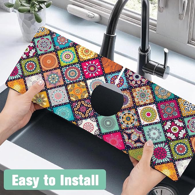 2 Pack 2 Pack Kitchen Sink Splash Guard Faucet Mat 15" X 5.5" Mandala Absorbent Fast Drying Mat Faucet Draining Mat Sink Splash Guard Behind Faucet Drip Catcher for Kitchen Bathroom
