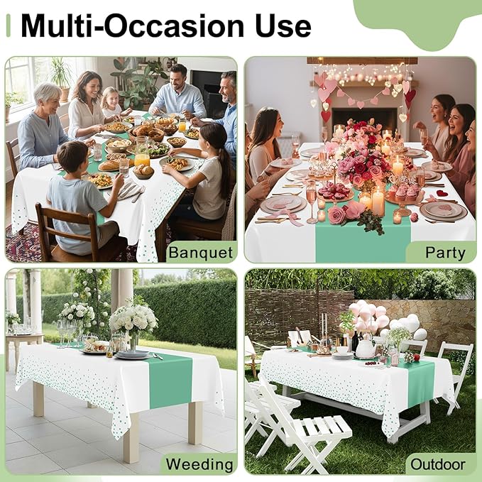 Smiry Plastic Table Cloth Disposable 5 Pack, 54 x 108 Inch Rectangle Waterproof Tablecloth, Printed Gold Table Runner Style for Birthday Weeding, Party Decorations, Leakproof & Sturdy, White and Teal