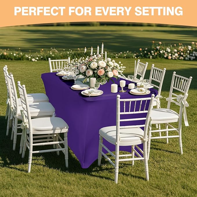 6 Pack 6 Feet Purple Spandex Tablecloth for Rectangular Tables, Fitted & Stretch, Washable, Wrinkle Resistant, Perfect for Event, Wedding, Party, Banquet, Cocktail, Festival, and Table Protector