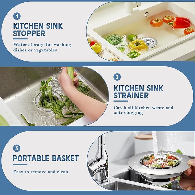Kitchen Sink Drain Strainer 3 Pack, 304 Stainless Steel Pop Up Sink Stopper, Anti-Clogging Sink Drain Strainer for US Standard Kitchen Drain (Chrome)