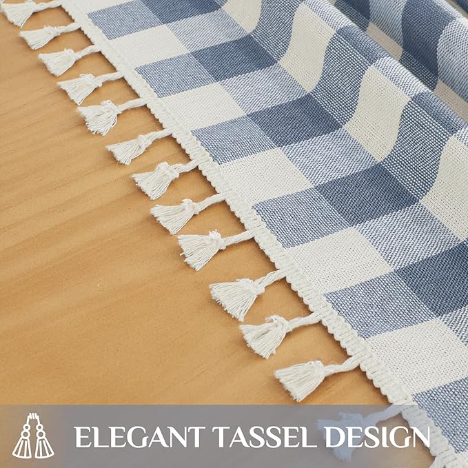 Softalker Checkered Tablecloth Rectangle, Outdoor Linen Cotton Gingham Table Cloth with Tassel, Heavy Duty Wrinkle Free Buffalo Plaid Table Cover for Kitchen Dining Summer Party - 55 x 84 Inch, Blue