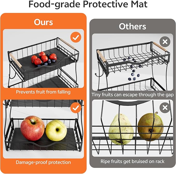 2 Tier Fruit Basket for Kitchen Countertop with 2 Banana Hangers,Detachable Metal Fruit Bowl with Wooden Handles and Protective Pads,Large Capacity Fruit and Vegetable Basket Organizer,Black