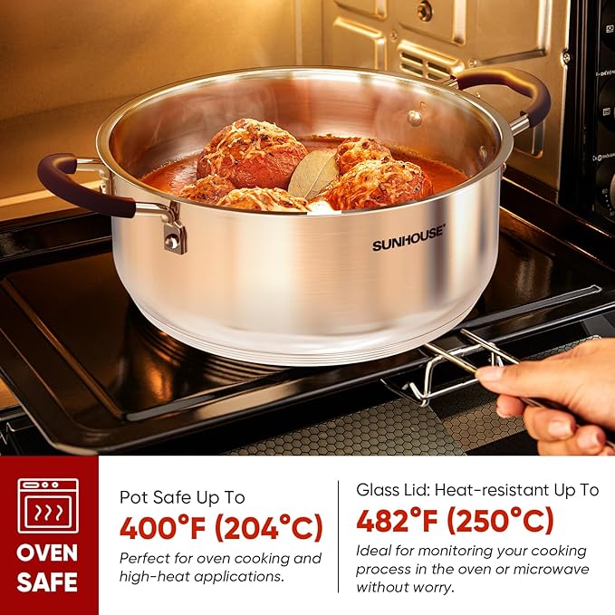 SUNHOUSE Stainless Steel Steamer Pot for Cooking - 6.3 QT Steaming Pot with Glass Lid & Steamer Basket - 2 Tier Tri-ply Vegetable Steamer with Stay-Cool Silicone Handles - Induction Compatible