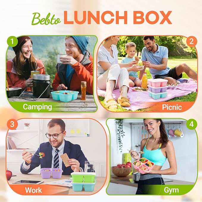 Bento Box Adult Lunch Box- 4 Pack,4 Compartment Snack Containers Reusable Meal Prep Stackable BPA-Free Lunch Containers for Home, Work, Travel (4 Color)