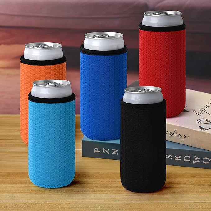5 Pcs Insulated Slim Can Sleeve, Reusable Skinny Tall Can Cooler Sleeves, Non-slip Neoprene Beer Bottle Cover Holder for 12oz Slim Can Soda and Beer (Colorful1)