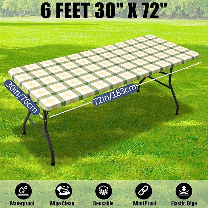 Smiry Picnic Table Cloth 2 Pack, Waterproof Elastic Fitted Tablecloths for 6FT Rectangle Tables, Washable Polyester Buffalo Plaid Tablecloth for Easter & Outdoor (Sage Green & Beige, 30" x 72")