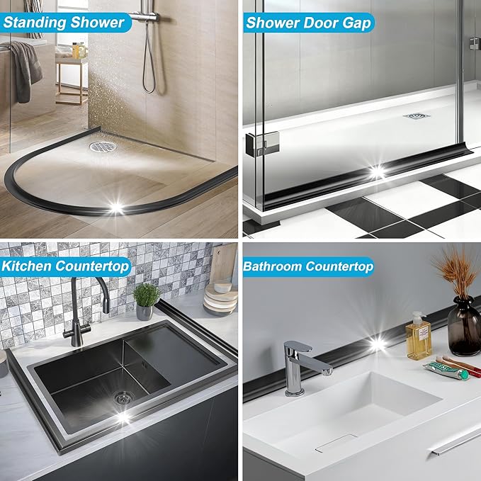 98Inch Shower Threshold Water Dam, Self-Adhesive Silicone Shower Barrier Water Stopper Shower Door Bottom Seal Strip Shower Splash Guard for Bathroom Kitchen Bathtub
