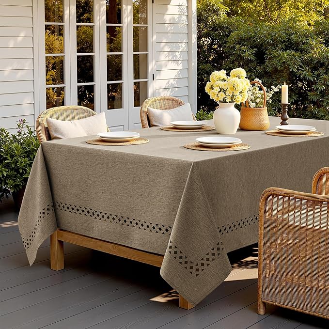 MIULEE Khaki Rectangle Linen Polyester Tablecloth with Decorative Cutouts Waterproof Stain Resistant & Shrink-Proof Table Cloth 52x70 inch Farmhouse Style for Dining Wedding Party and Outdoor Picnics