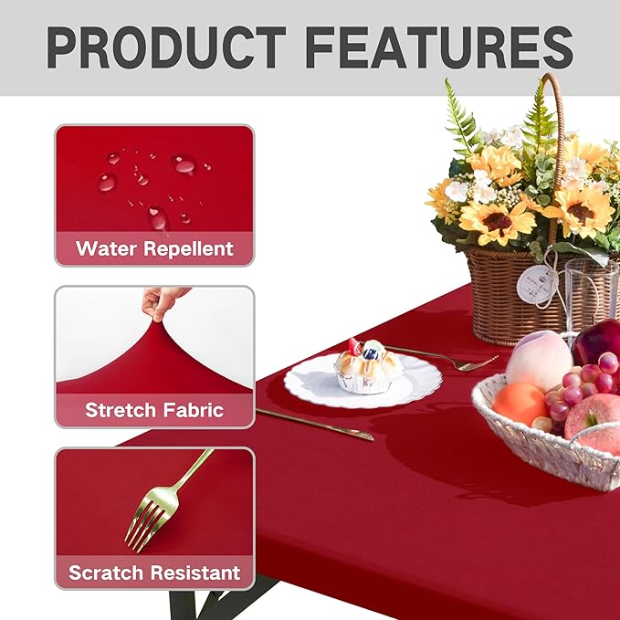 Square Fitted Table Cover Elastic Tablecloth Stretch Spandex Table Top Cover Table Topper Cap for Dining Kitchen Home Party Burgundy 34X34 Inch