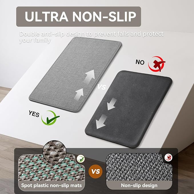 Kitchen Rugs Mat Non Slip Washable, Linen-Look 0.3" Thick Soft Cushioned Absorbent Kitchen Mats for Floor, Mild Anti-Fatigue Runner Rug Sink Mat Laundry Standing Mats, Easy Clean, Gray 17"x30"