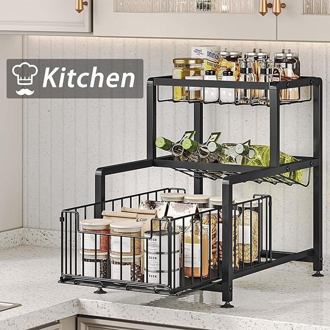 Under Sink Organizer 3 Tier Pull Out Cabinet Organizer with Drawer, Slip-Resistant Kitchen & Bathroom Storage Shelf, Slide Out Spice Rack Organizer Seasoning Holder with Utility Ware Holder (Black)