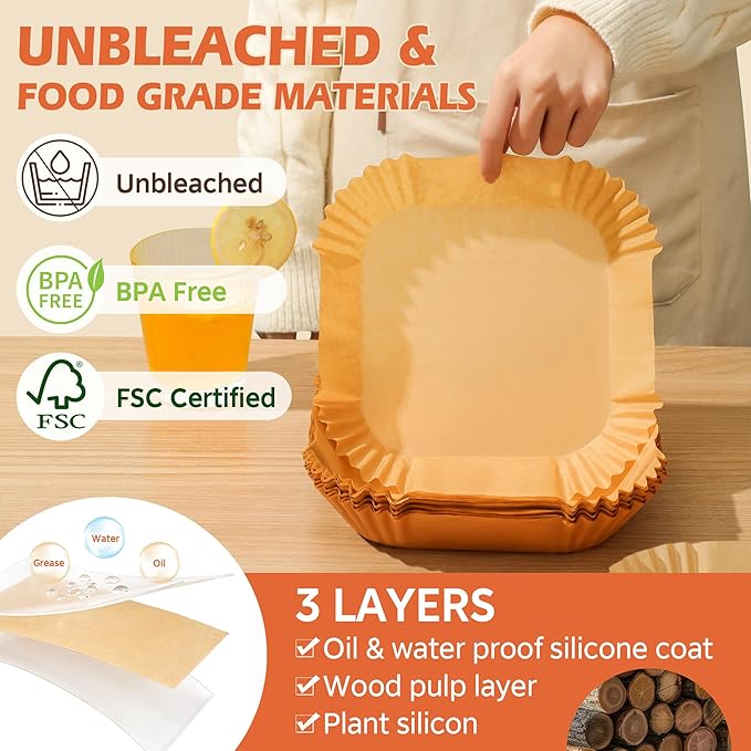 Air Fryer Liners Disposable, 125Pcs Parchment Paper, 8 Inch Non-stick Air Fryer Paper Liners, Unbleached Square Airfryer Liners for 5-8QT Air Fryer, Baking, Roasting Microwave