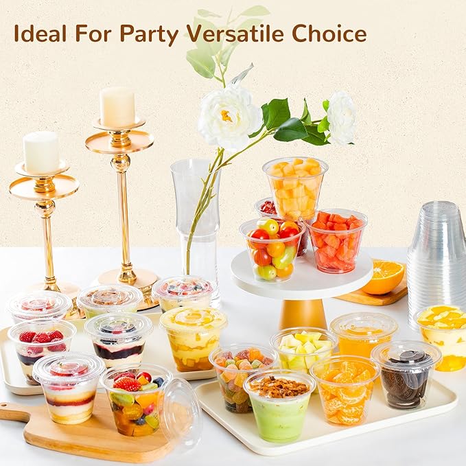 9oz Clear Plastic Cups with Flat Lids No Hole Disposable Togo Cups with Lids for Fruit Snack Yogurt Jelly Pudding Cold Drink in Party Picnic (300 Sets)
