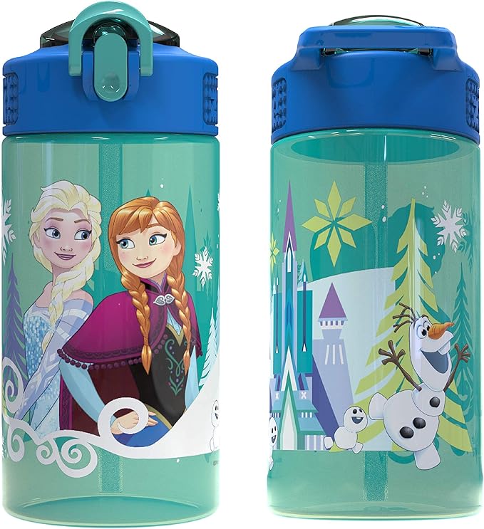 Zak Designs Disney Frozen 2 Kids Spout Cover and Built-in Carrying Loop Made of Plastic, Leak-Proof Water Bottle Design, 16oz, Elsa & Anna