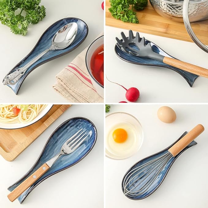 Ceramic Spoon Rest for Stove Top,Large 8.7 Inch Spoon Holder for Kitchen Counter,Porcelain Utensil Rest for Thankgiving and Christmas Gift,Dishwasher Safe and Heat-Resistant,Blue(2 PC)