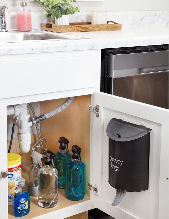 AuldHome Design Enamelware Grocery Bag Holder (Black); Wall-Mounted Modern Farmhouse Style Plastic Bag Dispenser for Kitchen or Laundry Room