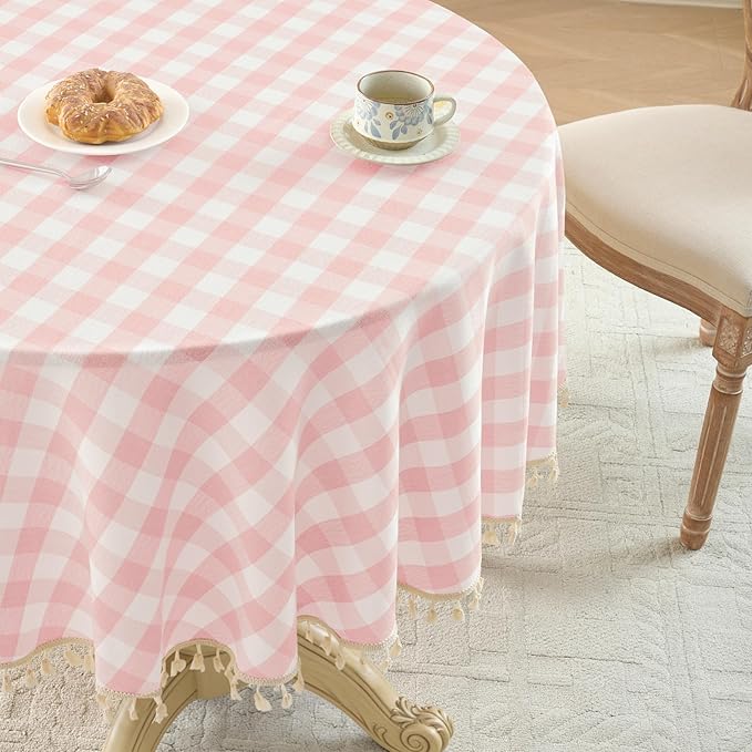 Softalker Pink Gingham Tablecloth 70 x 70 Inch Round, Outdoor Linen Cotton Checkered Table Cloth with Tassel, Heavy Duty Wrinkle Free Buffalo Plaid Table Cover for Kitchen Dining Home Party