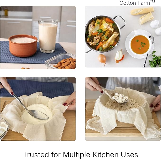 Cotton Farm Grade 100 Cheese Cloths for Straining & Cooking, 18 × 18 Inch, 100% Unbleached Cotton Cheesecloth, Butter Muslin, Finished Edge, Reusable & Pre-Washed