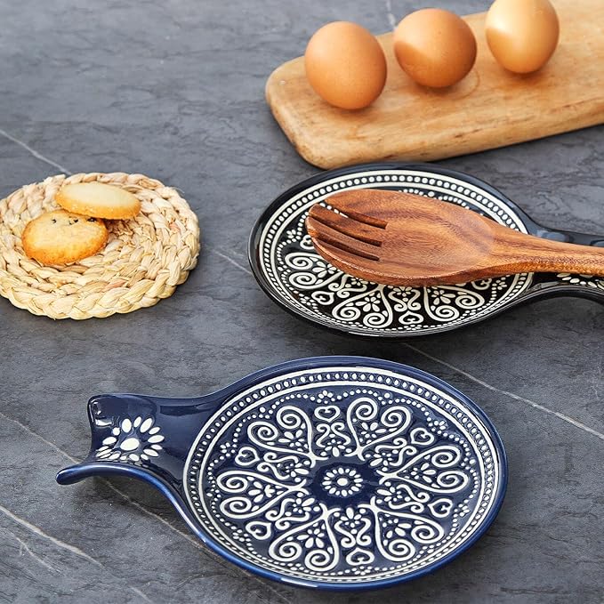 Ceramic Spoon Rest, Cooking Spoon Holder for Kitchen Counter/Stove Top/Dining Table Modern Farmhouse Decorative, Large (Blue)