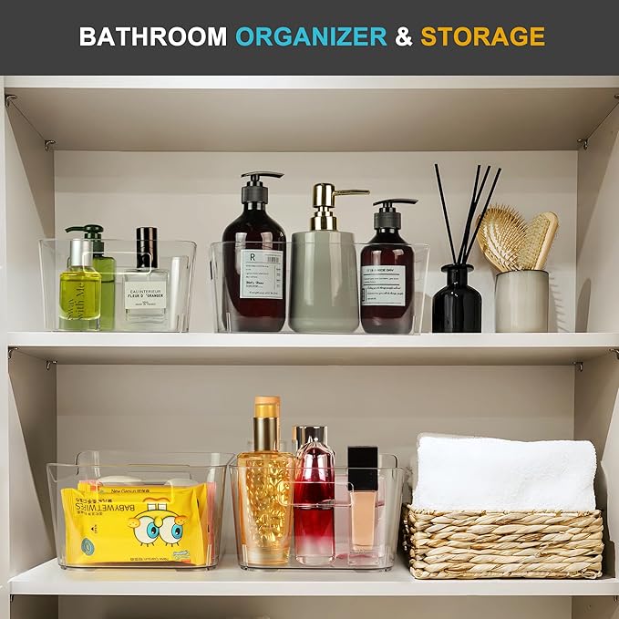 12 Pack Plastic Storage Bins, Clear Pantry Organizers and Storage, Multi-Use Organizer Bins for Kitchen, Office, Fridge, Cabinet and Shelf Organization