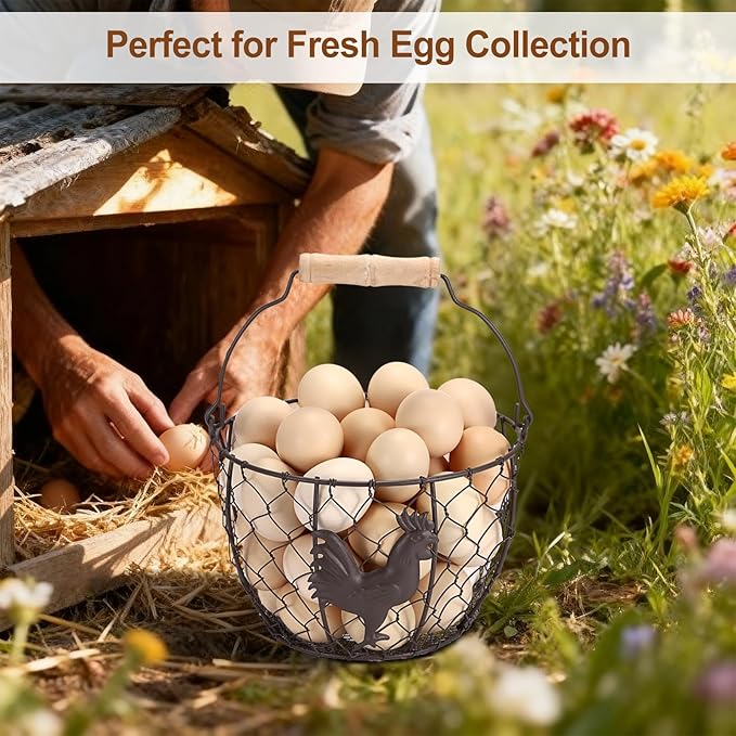 2 PCS OGANAZI Farmhouse Egg 8'' Basket for Gathering Fresh Eggs, Rustic Metal Wire Chicken Eggs Holder Basket for Countertop Kitchen, Wire Egg Basket Vintage Style, Round, Rooster Pattern
