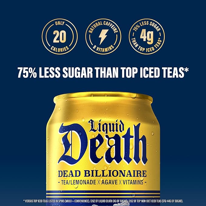 Liquid Death Iced Tea - Dead Billionaire (Black Tea/Lemonade), Less Sugar*, Boost of Caffeine, B Vitamins, No Artificial Sweeteners, 12 Fl Oz (Pack of 12)