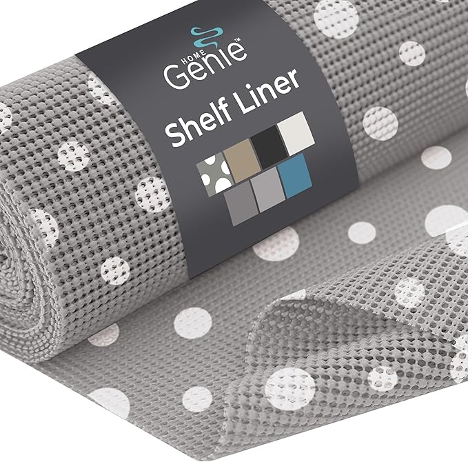 HOME GENIE Shelf Drawer and Cabinet Liner, Durable with Strong Grip, 12 in x 20 FT, Non Adhesive Liners Protect Kitchen Cabinets and Cupboard, Bathroom Drawers and Shelves, Desks, Dots Gray White